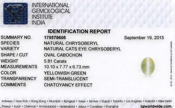 5.81-Carat Grey Green Chrysoberyl Cat's Eye with Sharp Ray (IGI) - Click Image to Close