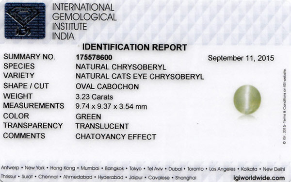 3.23-Carat Greyish Green Chrysoberyl Cat's Eye with Sharp Ray - Click Image to Close