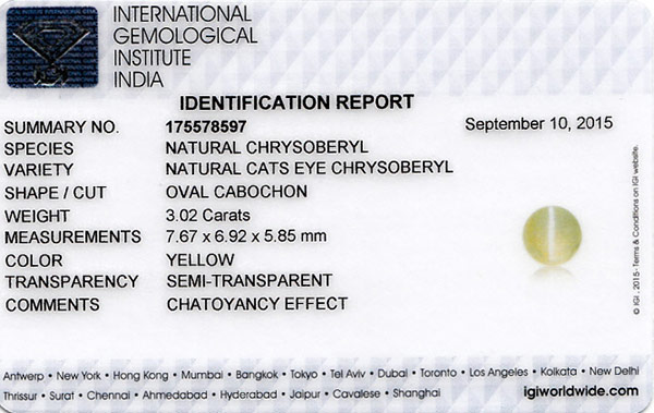 3.02-Carat Natural Chrysoberyl Cat's Eye with Strong Chatoyance - Click Image to Close