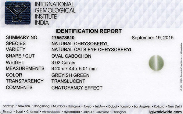 3.02-Carat Greyish Green Chrysoberyl Cat's Eye from India (IGI) - Click Image to Close